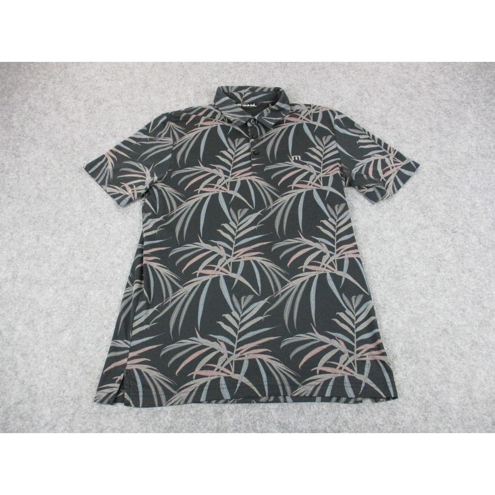 Travis Mathew Polo Shirt Mens Medium Black Floral Palm Tree Print Golf